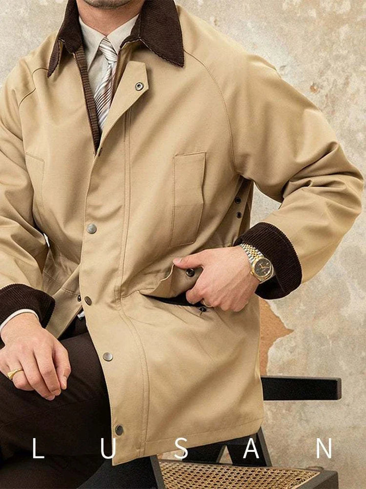 Mr. Lusan Casual Gentleman جاكيت بني بنسيج متين وياقة وأصفاد مخمل قطن مع جيوب أمامية وسحّاب معدني
