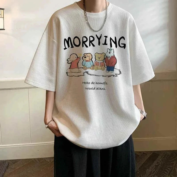 White MORRYING t-shirt with cartoon characters print and oversized fit for casual youthful style