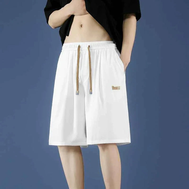 Men's white Ice Silk shorts with adjustable waistband and loose fit for comfort and breathability