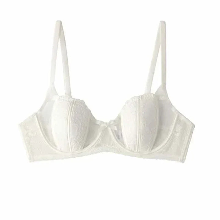 SKIMS Kardashian Gathering women's white lace lingerie bra with adjustable straps and underwire support, designed for comfort and natural lift.
