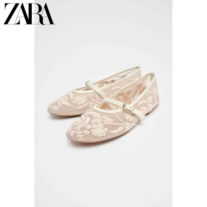 ZARA 2025 Women's Mesh Ballet Flats with Embroidery and Pearls