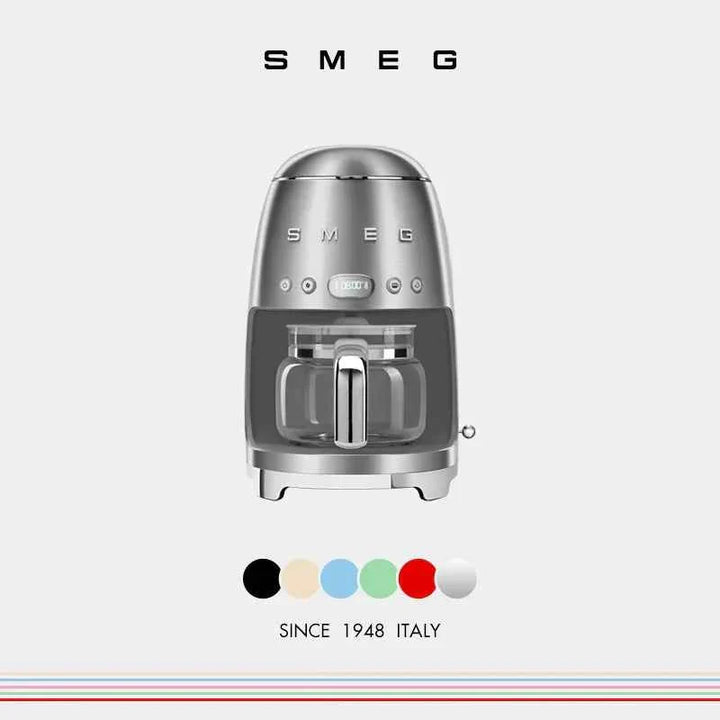 SMEG sleek drip coffee maker with 10-cup capacity, LED display, AutoStart, and removable filter in multiple colors