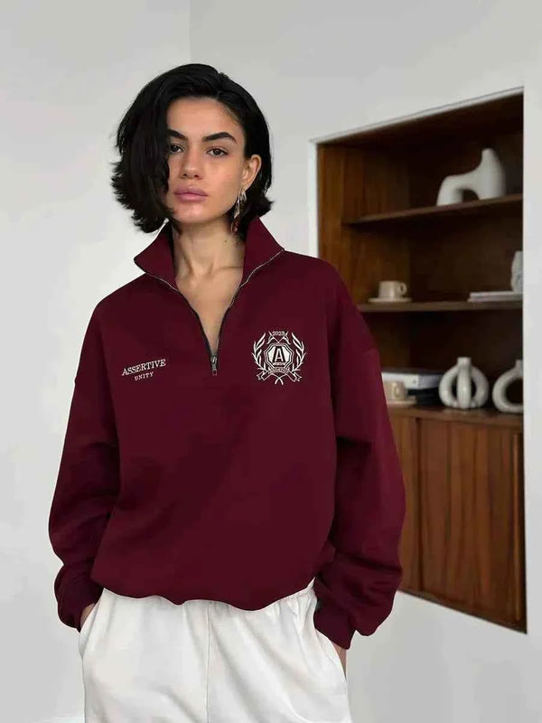 سويت شيرت فضفاض بنمط أوروبي وأمريكي برقبة مطبعة وسحاب loose sweatshirt نصف علوي بلون خمري