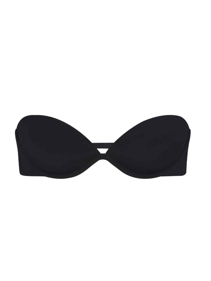 Black multi-way strapless bra with smooth finish and detachable adjustable straps for versatile support and style