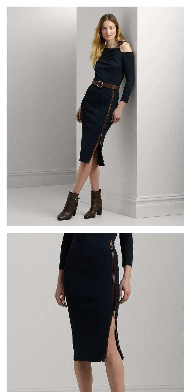 تنورة نسائية Lauren بقصة قلم عالية الخصر باللون الكحلي مع سحاب جانبي معدني وحزام جلدي للأناقة اليومية والمسائية