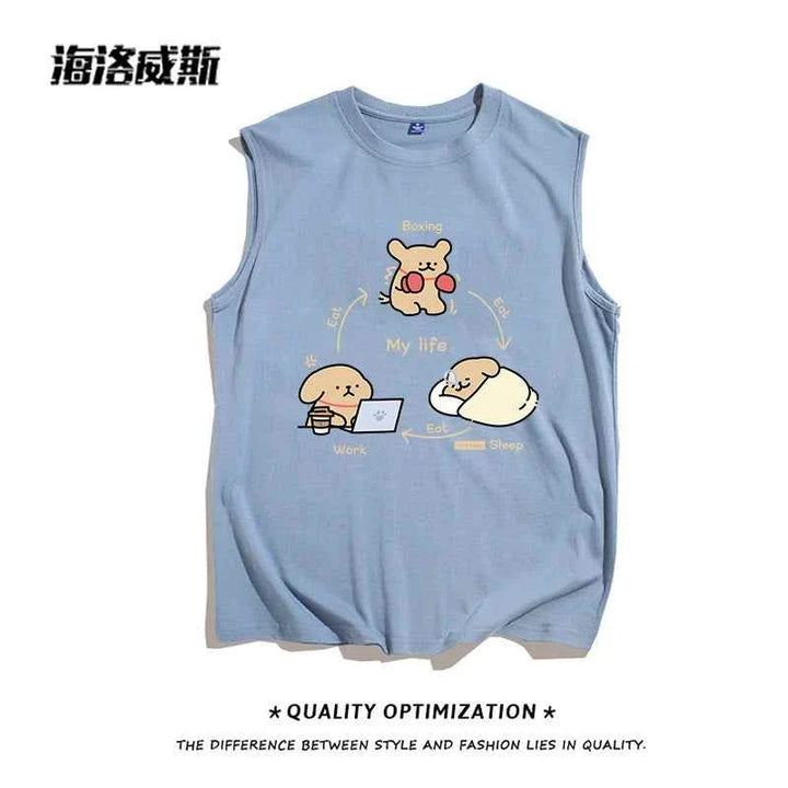 Blue sleeveless cartoon print T-shirt "My Life" with playful multicolor design, soft cotton fabric, and relaxed fit.