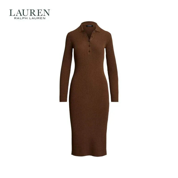 فستان لورين نسائي كلاسيكي بني محبوك بأكمام طويلة وقبة بولو بأزرار أمامية يناسب الإطلالات اليومية والرسمية