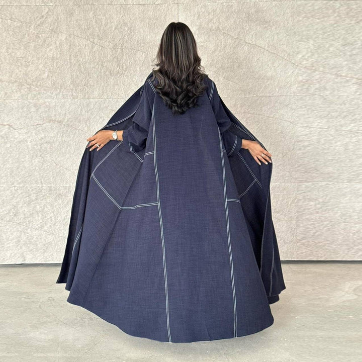 Elegant navy blue wide abaya with chic stitching and loose sleeves, Arrivals Muslim Fashion Dress.