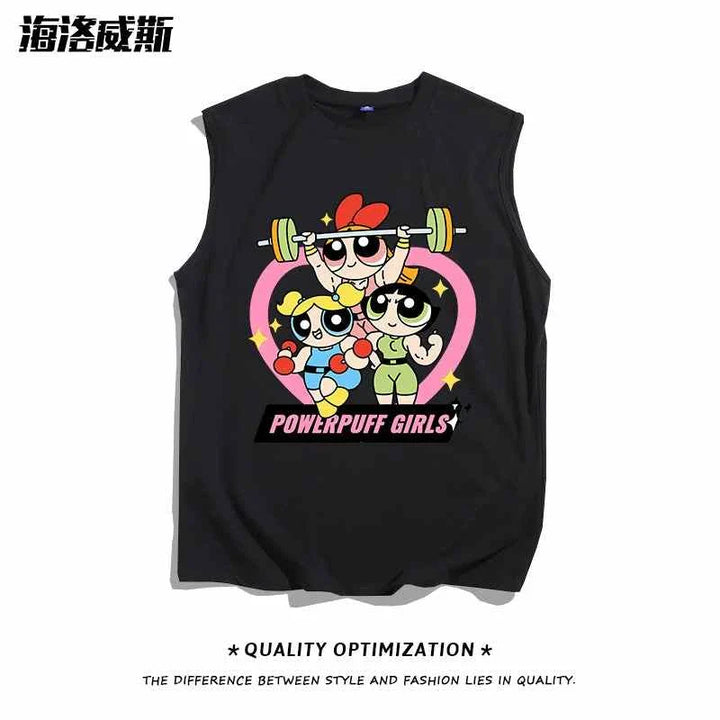 تيشيرت كت أسود بدون أكمام بتصميم كرتوني لشخصيات Powerpuff Girls يرفعن الأثقال بتصميم رياضي مرح ونشط