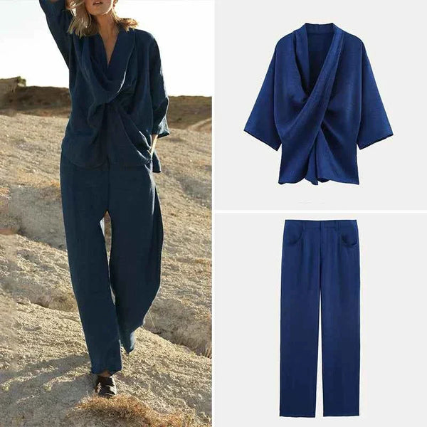 Blue linen loose pleated shirts and pants women's summer clothing set European and American style