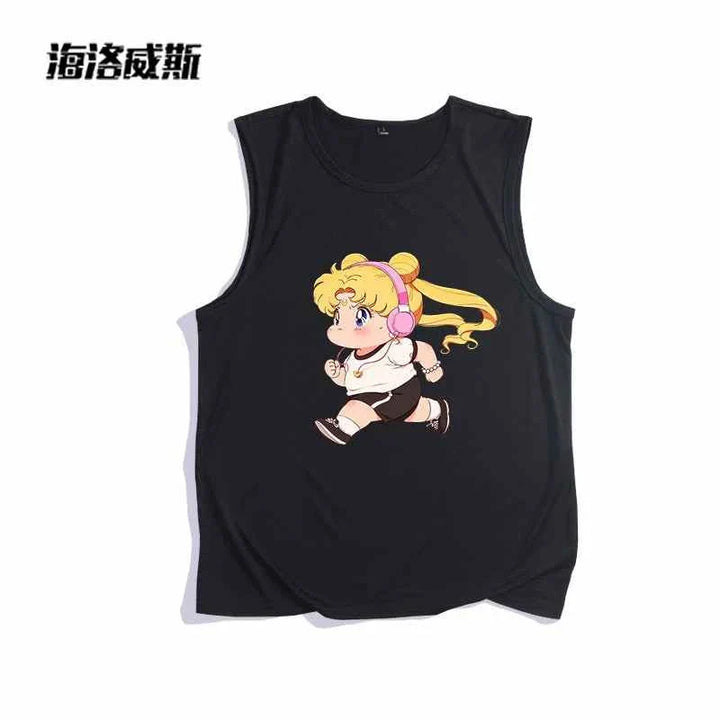 Black sleeveless t-shirt with a cartoon girl print wearing headphones, casual and comfortable design