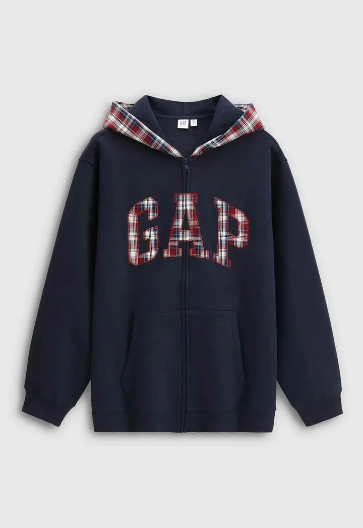 GapGap هودي أصلي رجالي ونسائي كحلي بكاروهات مع سحاب وجيوب عملية