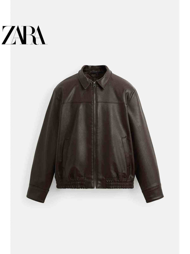 جاكيت بومبر رجالي من الجلد الصناعي الفضفاض من مجموعة ZARA2025 صيفي بسحاب أمامي بلون بني داكن