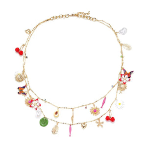 عقد ذهبي طبقتين بدلايات ملونة متنوعة Charm Necklace.