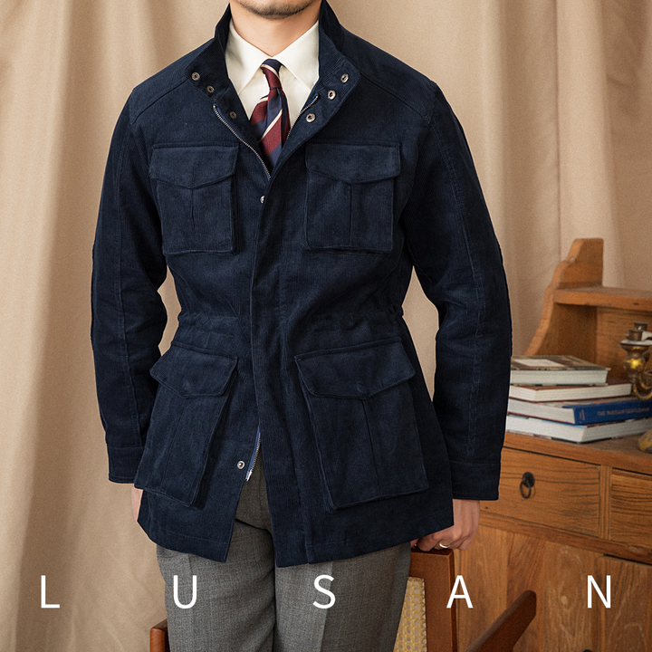 Mr. Lusan hunting jacket navy blue with front flap pockets and stand collar for men