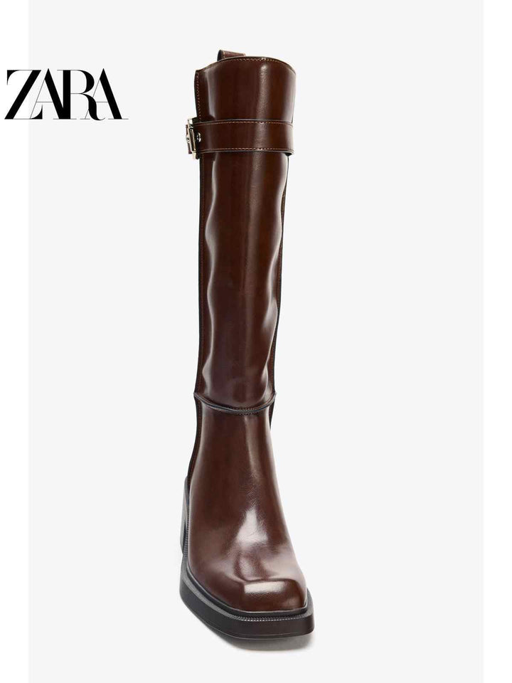 حذاء نسائي عالي من ZARA2025 خريف 2025 بكعب متوسط وسميك وطرف مربع باللون البني