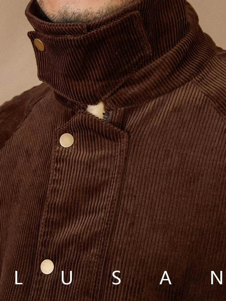 Mr. Lusan Italian gentleman pure cotton brown corduroy jacket with copper buttons and high collar
