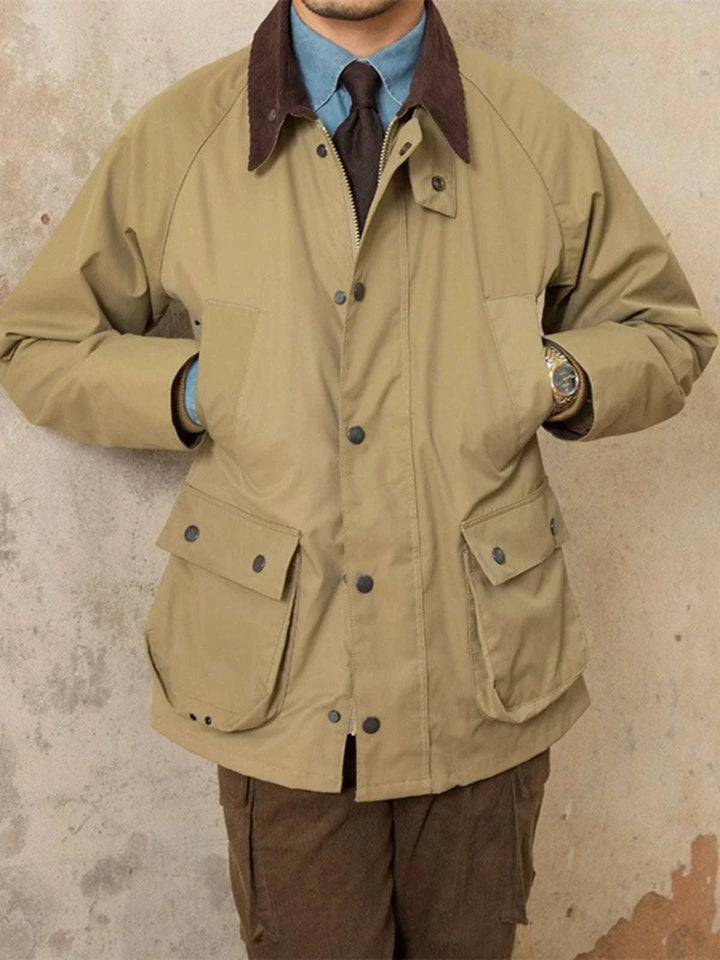 Mr. Lusan winter retro British jacket beige with brown corduroy collar and front pockets for men winter fashion