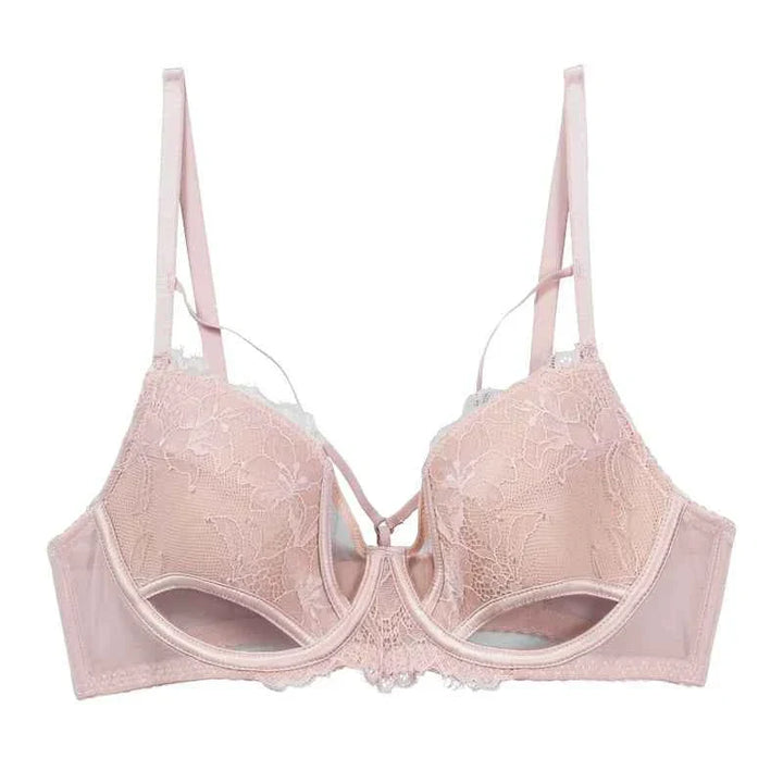 Pink Kardashian SKIMS Gathered Lingerie sexy lace breathable cutout bra with adjustable straps and underwire support.
