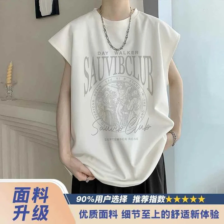 Sleeveless white SAUVIBCLUB graphic t-shirt with bold logo and relaxed fit for casual and street style.