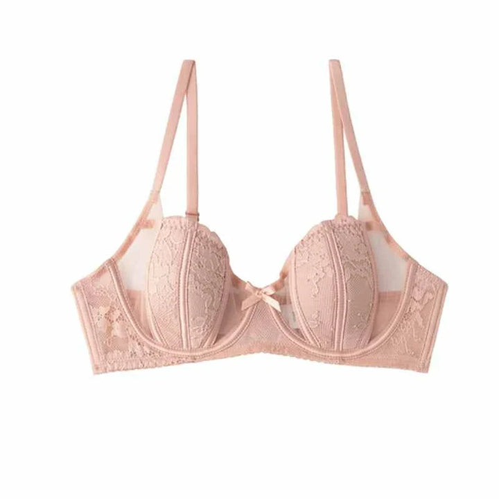 SKIMS Kardashian Gathering women's lace lingerie bra in beige pink with adjustable straps and soft sheer fabric for summer big breasts showing small bra style.