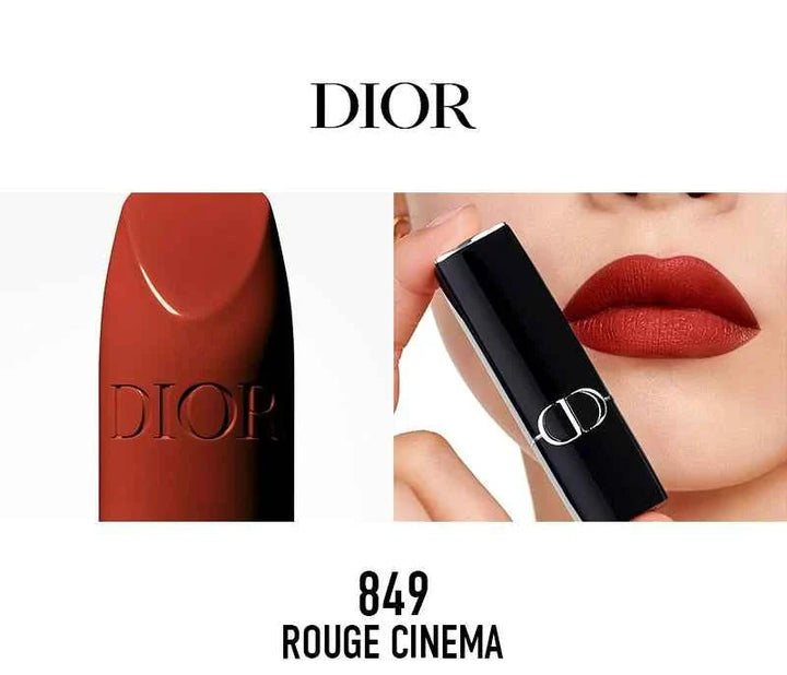 Close-up of Rouge Dior الكلاسيكية lipstick shade 849 Rouge Cinema with black casing and applied on lips showcasing rich red color