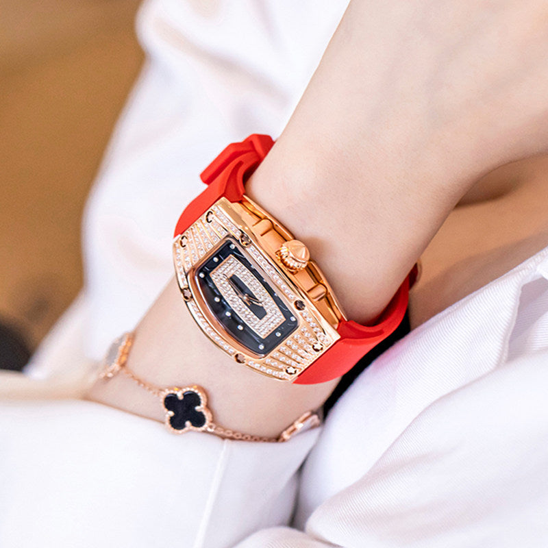 Watch women's 2026 new genuine women's watch, tonneau-shaped large dial, light luxury, niche diamond-encrusted high-end.