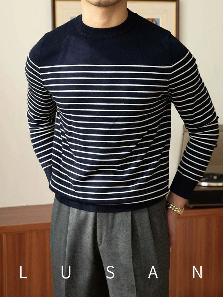 Mr. Lusan sea soul wool sweater navy and white striped wool knit sweater with ribbed cuffs and hem