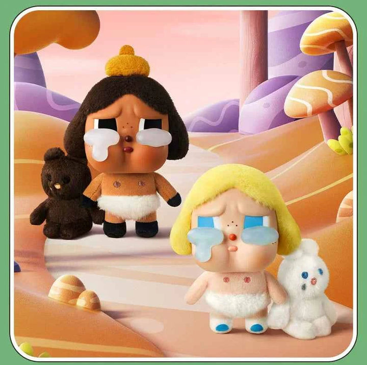 POP MART Crybaby plush dolls in whimsical outfits with colorful background.