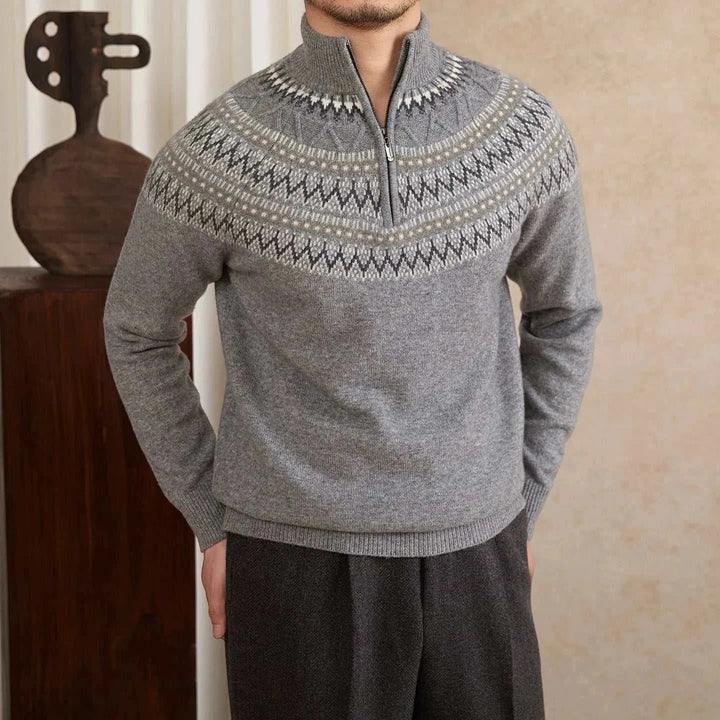 Mr. Lu San 100% wool slim sweater in gray with Scandinavian pattern and half-zip collar for warmth and style