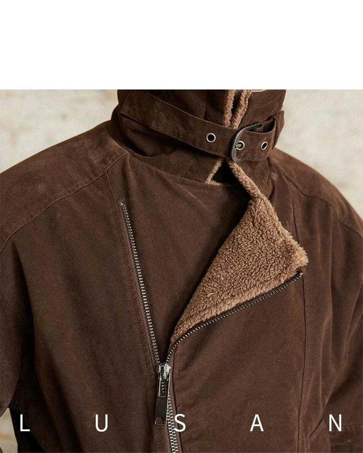 Mr. Lusan English jacket brown suede sherling collar warm zippered jacket