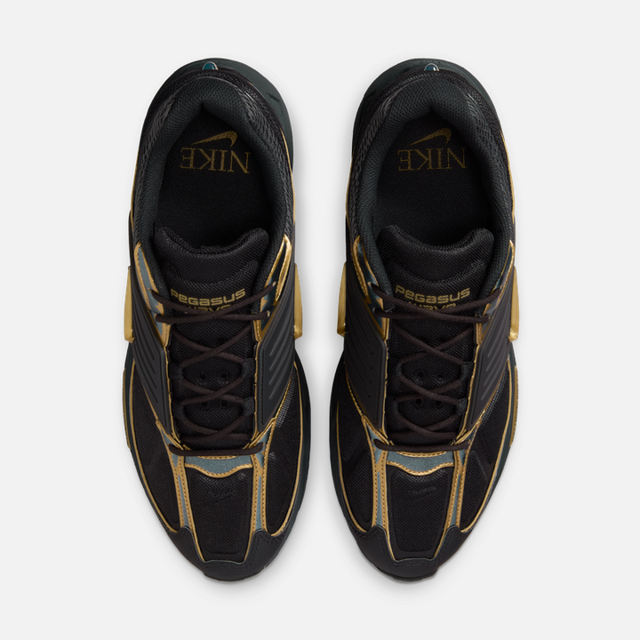 Nike Official Cyber Pegasus Men's Sneakers with black and gold design, top view.