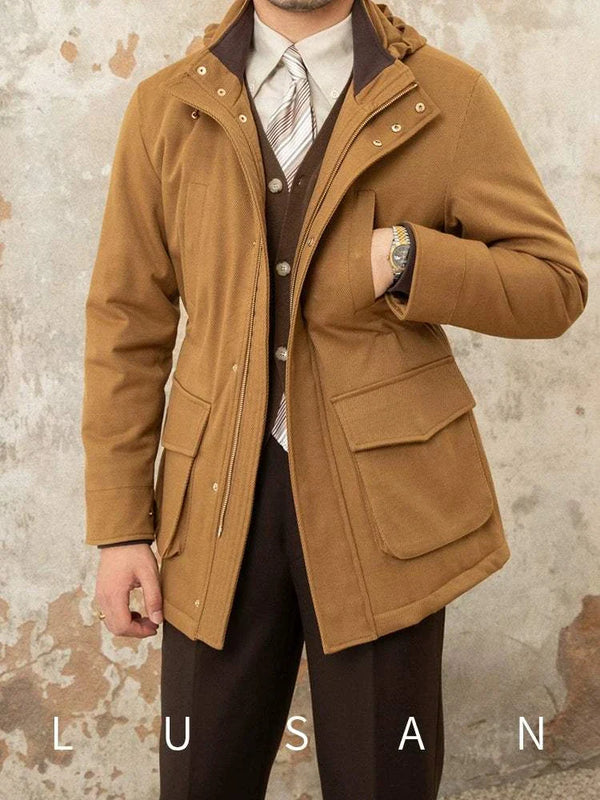 Mr. Lusan Jacket camel color warm jacket with zip and front pockets for men