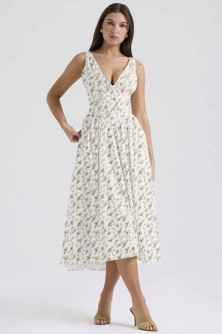 European and American style V-neck long skirt, fashion print, summer 2025.