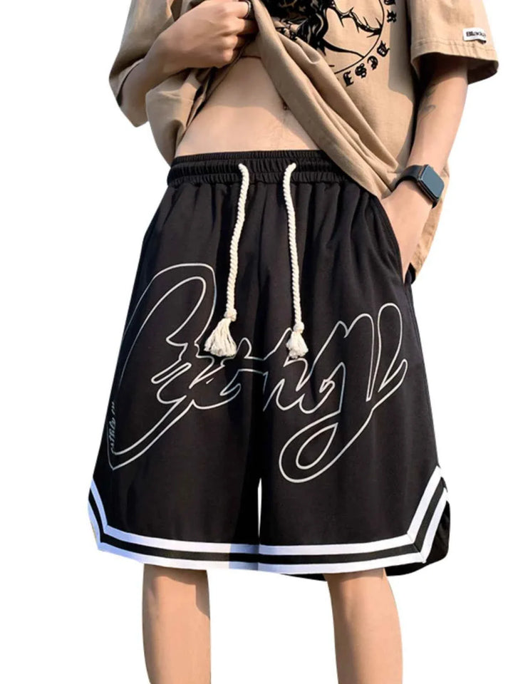 Black Ice Silk sports shorts with graffiti print and adjustable drawstring waistband