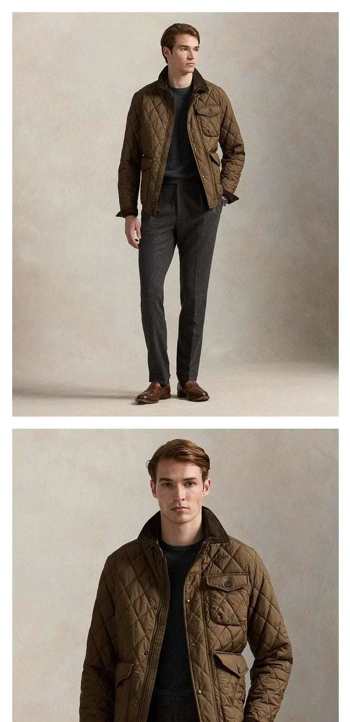 جاكيت Ralph Lauren بني زيتوني مبطن أنيق للرجال بتصميم كلاسيكي عصري