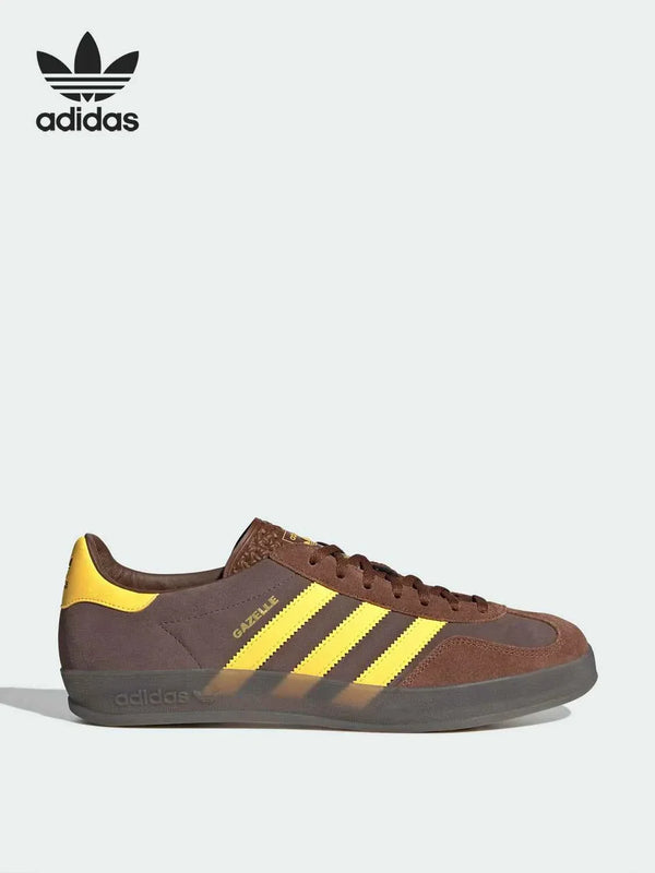 Adidas Official vintage brown and yellow suede sports shoe with classic three stripes and gum sole