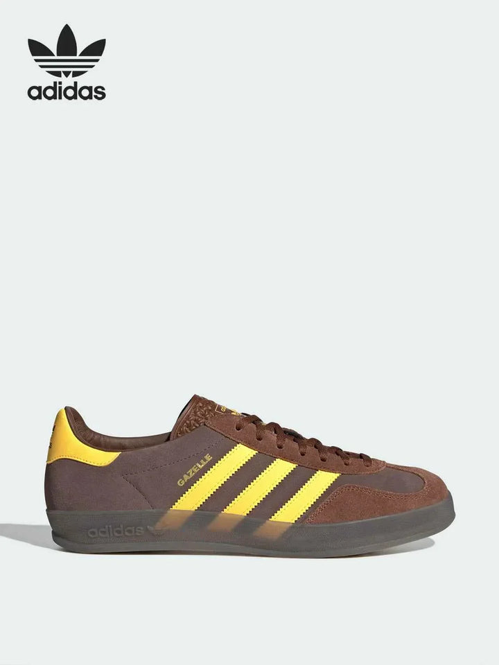 Adidas Official vintage brown and yellow suede sports shoe with classic three stripes and gum sole