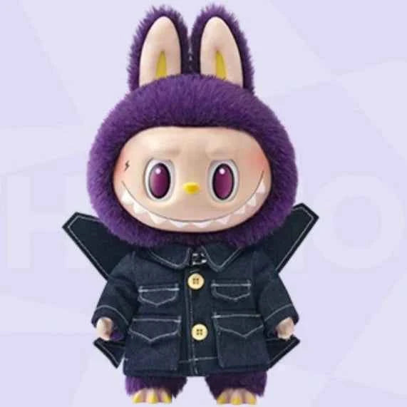 LABUBU x PRONOUNCE Wings of Fantasy plush vinyl doll with purple fur and denim jacket.