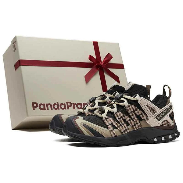 Salomon XA Pro 3D PandaPrank Limited Edition shoe with houndstooth pattern, beige, brown, and black colors, Contagrip sole, and Quicklace system.