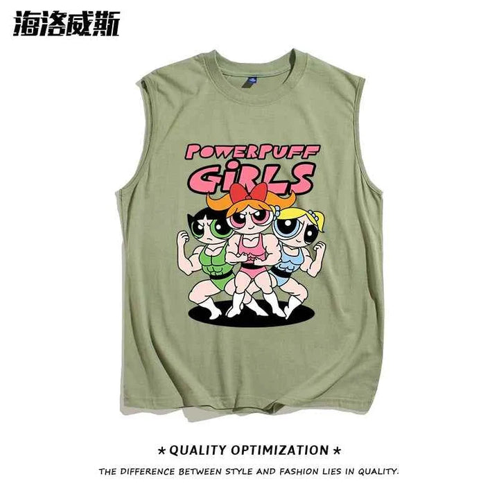 Sleeveless summer cartoon t-shirt featuring Powerpuff Girls design in green color, casual and youthful style.