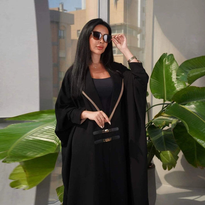 Middle Eastern Black Robe Modest European and American Fashion Cardigan Leather Buckle Turkish Bat Sleeve Dress Black Robe