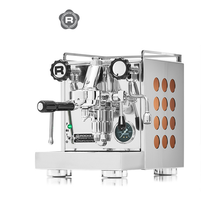Rocket Appartamento Italian espresso machine with stainless steel body and copper accents, compact size for home baristas.