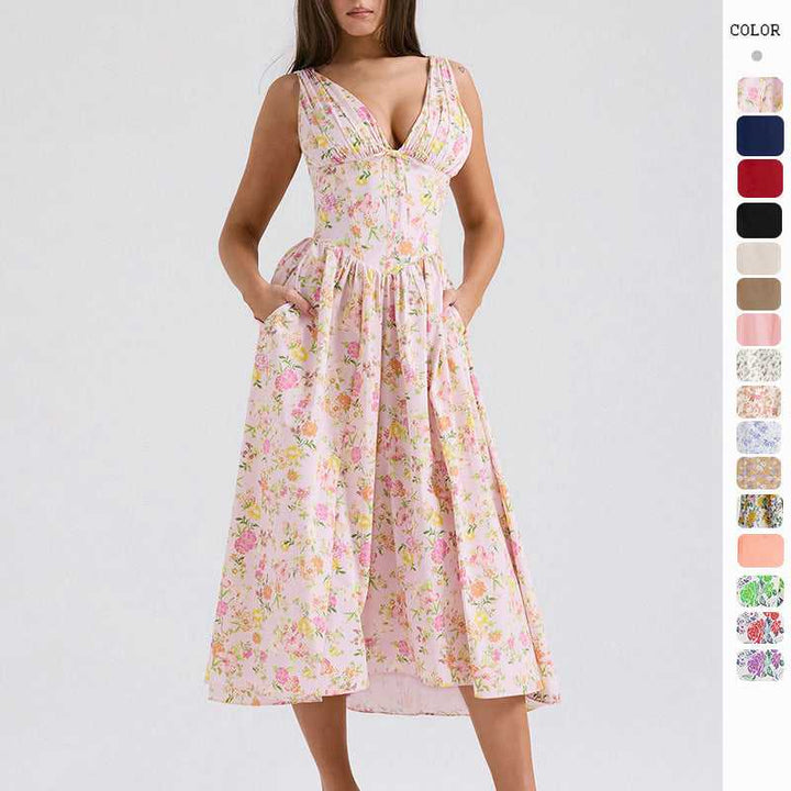 European and American style V-neck summer dress with floral print, showcasing a fashionable and elegant design.