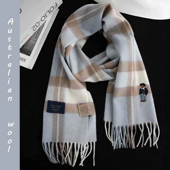 وشاح صوفي مخطط جودة عالية تصميم بريطانيا مع دب صغير كلاسيكي شتوي للرجال والنساء