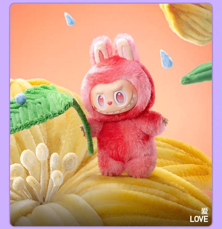 Pop Mart THE MONSTERS Front High Energy Series "Love" plush toy in a red bunny costume with vinyl face.