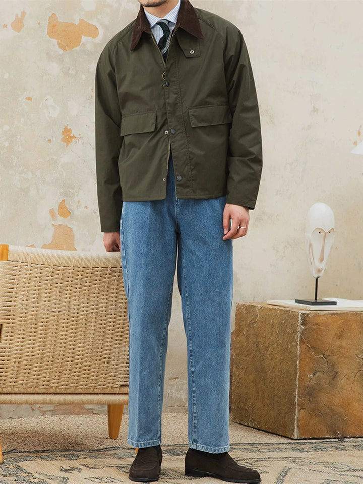 Mr. Lusan Jacket retro windproof outdoor hunting jacket with velvet collar and durable zip in olive green