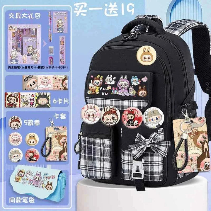 Labubu school bag in black with cute character patches, plaid pockets, adjustable straps, and matching pencil case and stationery accessories set.