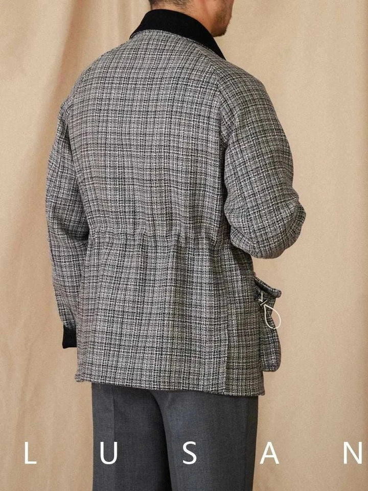 Mr. Lusan 50% wool British vintage jacket with gray tweed pattern and black velvet collar