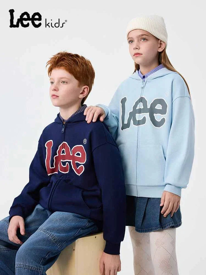 Lee kids sweatshirt in navy and light blue worn by children, soft cotton blend, casual stylish hoodie for kids